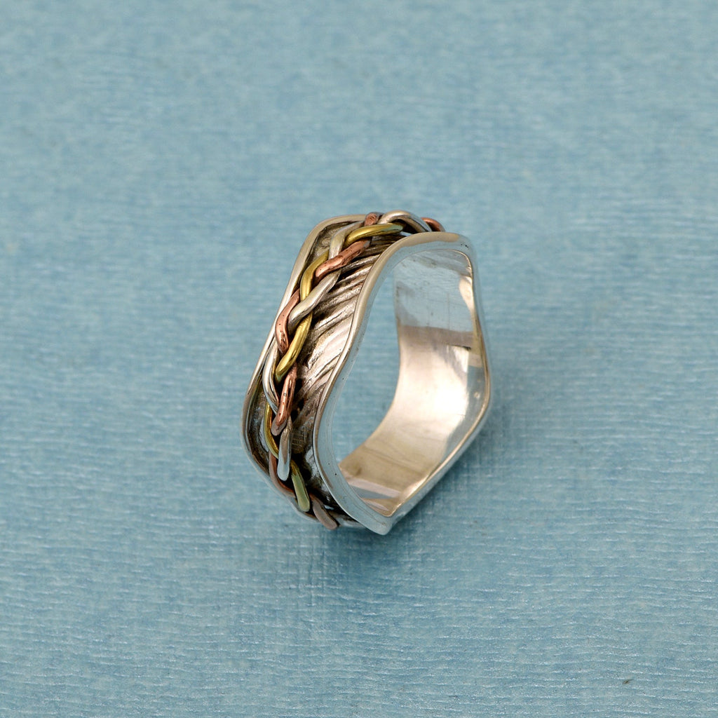 Braided Tri-Tone Wave Band Spinner Ring - Sterling Silver