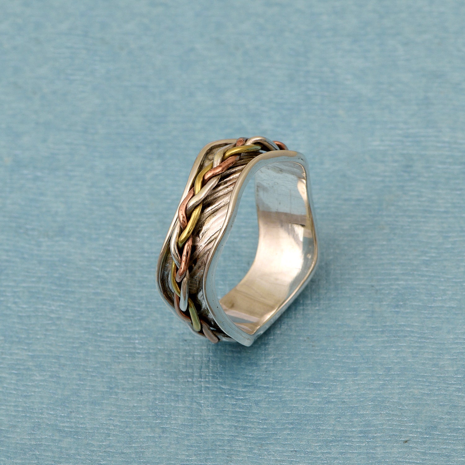 Braided Tri-Tone Wave Band Spinner Ring - Sterling Silver