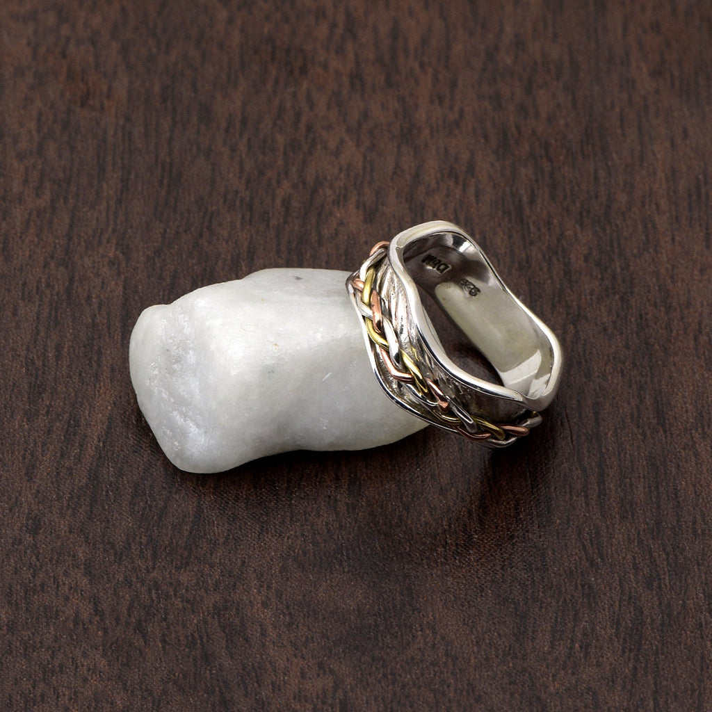 Braided Tri-Tone Wave Band Spinner Ring - Sterling Silver