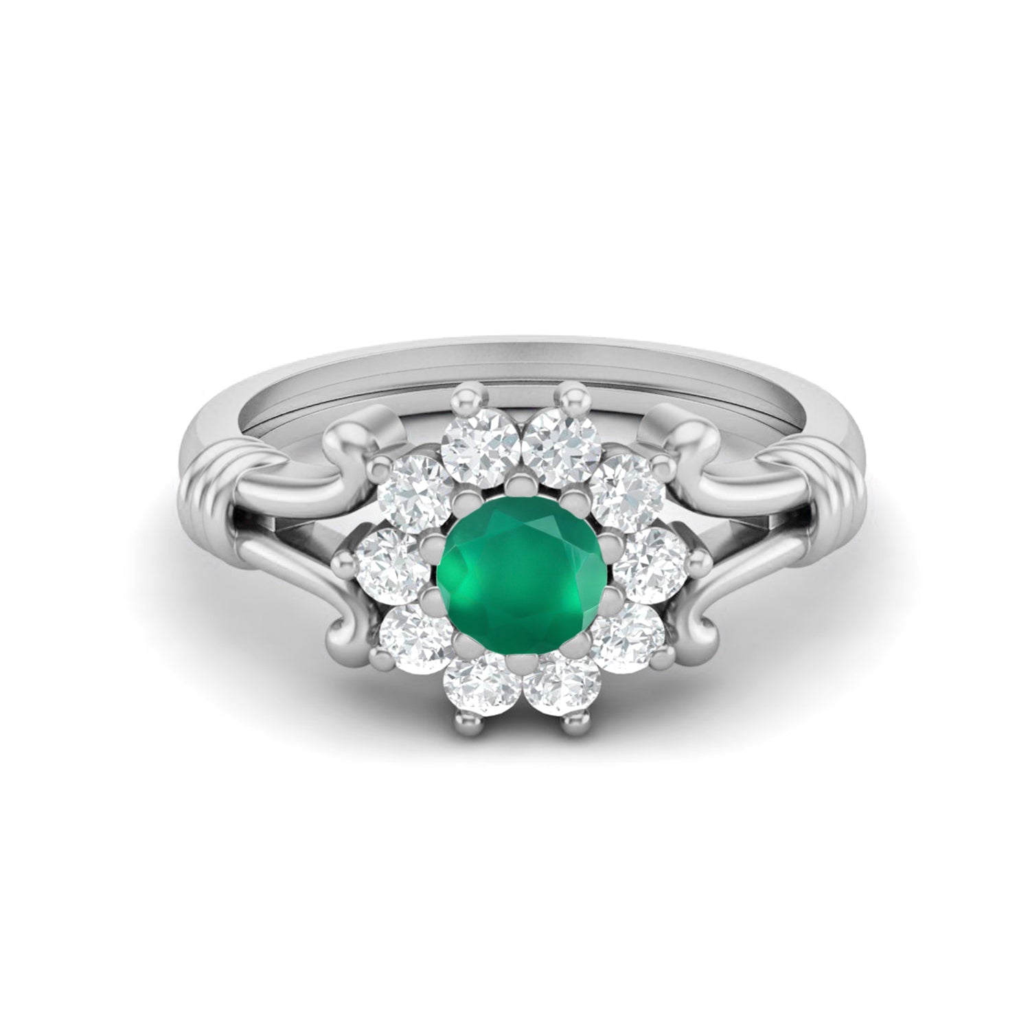 Green Onyx Floral Halo Design Ring – Sterling Silver