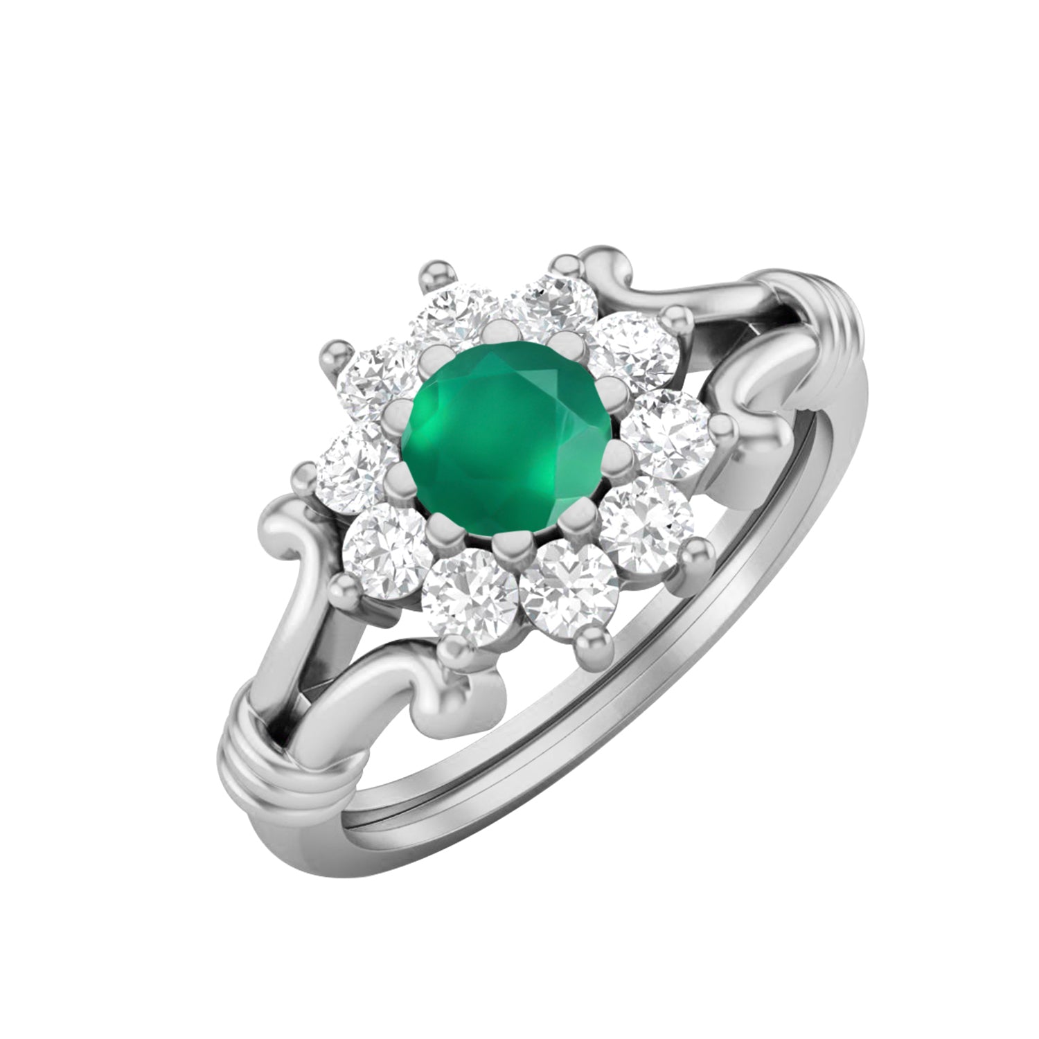 Green Onyx Floral Halo Design Ring – Sterling Silver