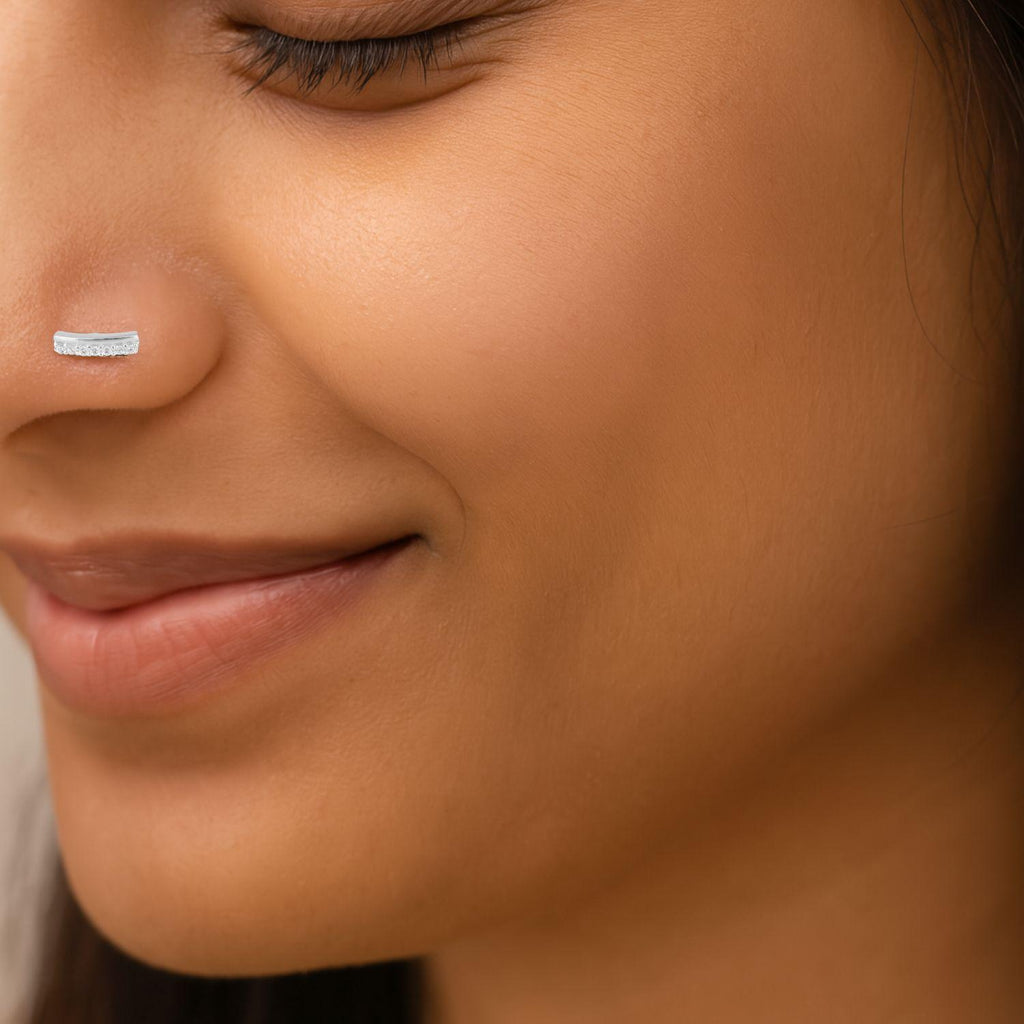 White CZ Curved Bar Nose Pin - Sterling Silver