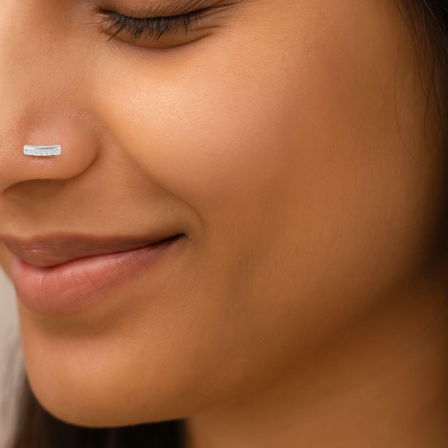 White CZ Curved Bar Nose Pin - Sterling Silver