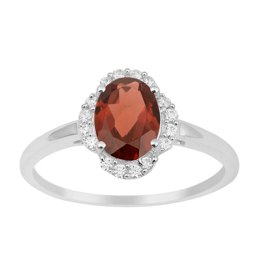 Garnet Oval Solitaire Halo Ring - Sterling Silver