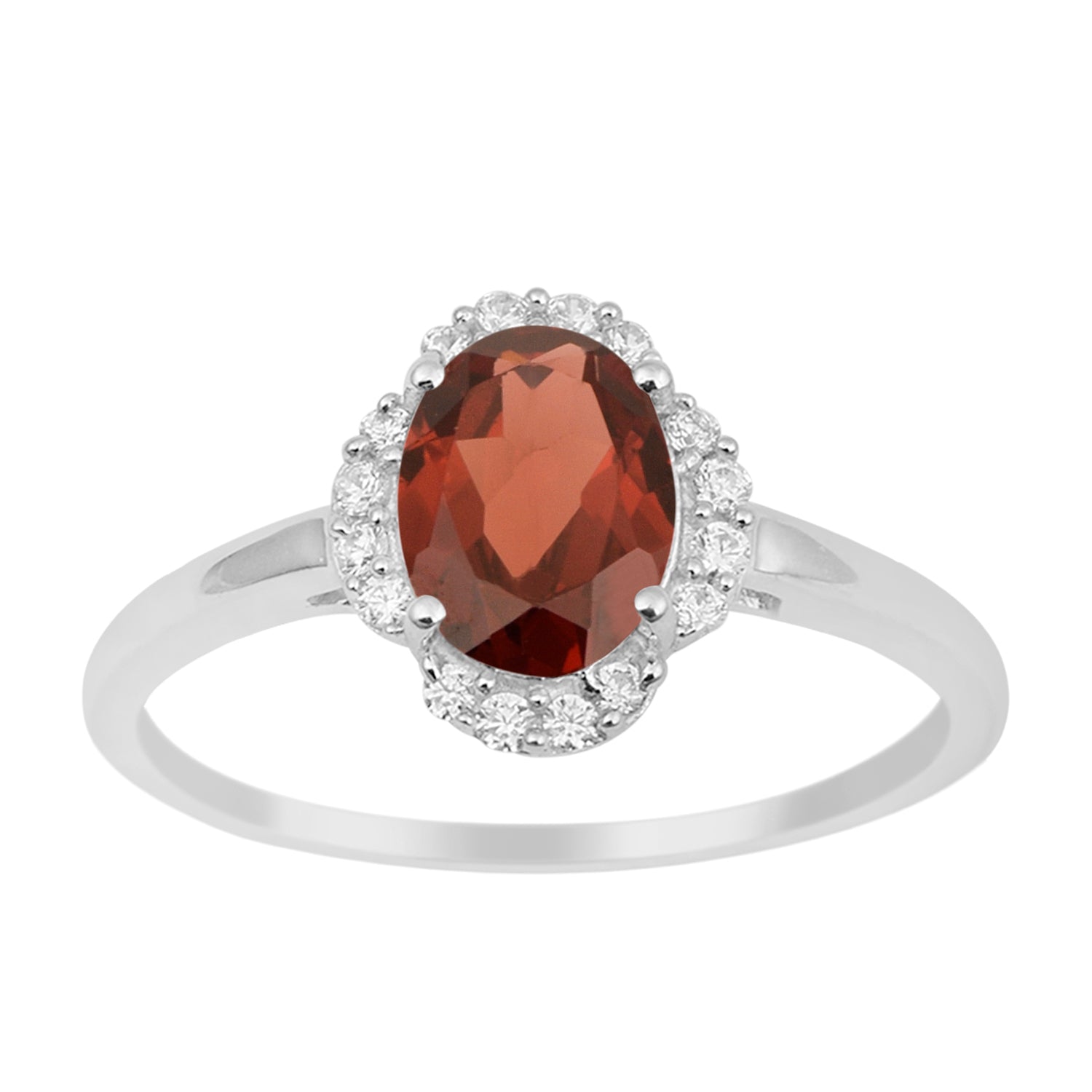 Garnet Oval Solitaire Halo Ring - Sterling Silver