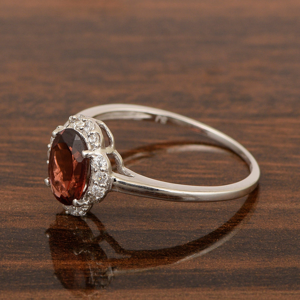 Garnet Oval Solitaire Halo Ring - Sterling Silver