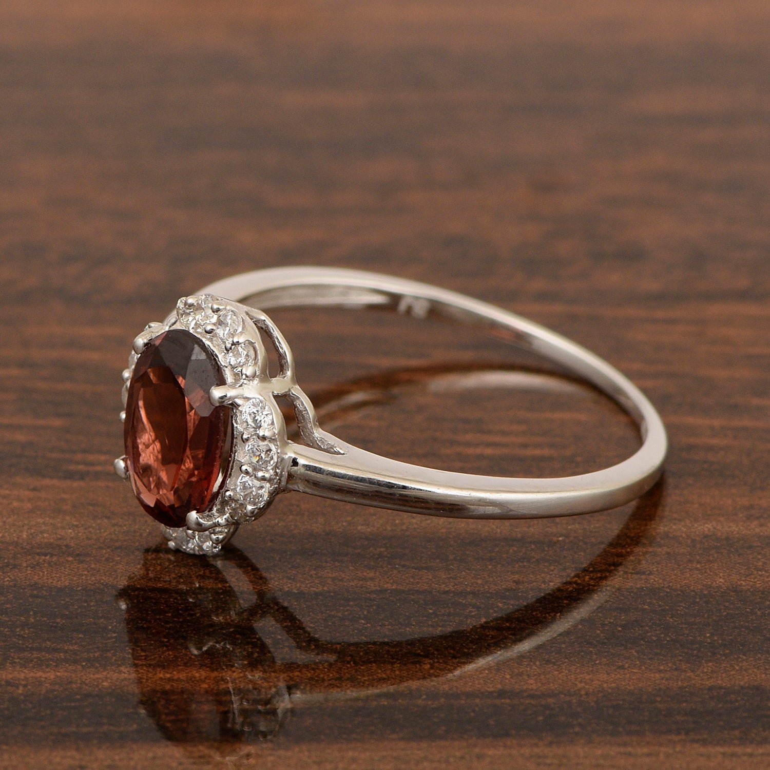 Garnet Oval Solitaire Halo Ring - Sterling Silver