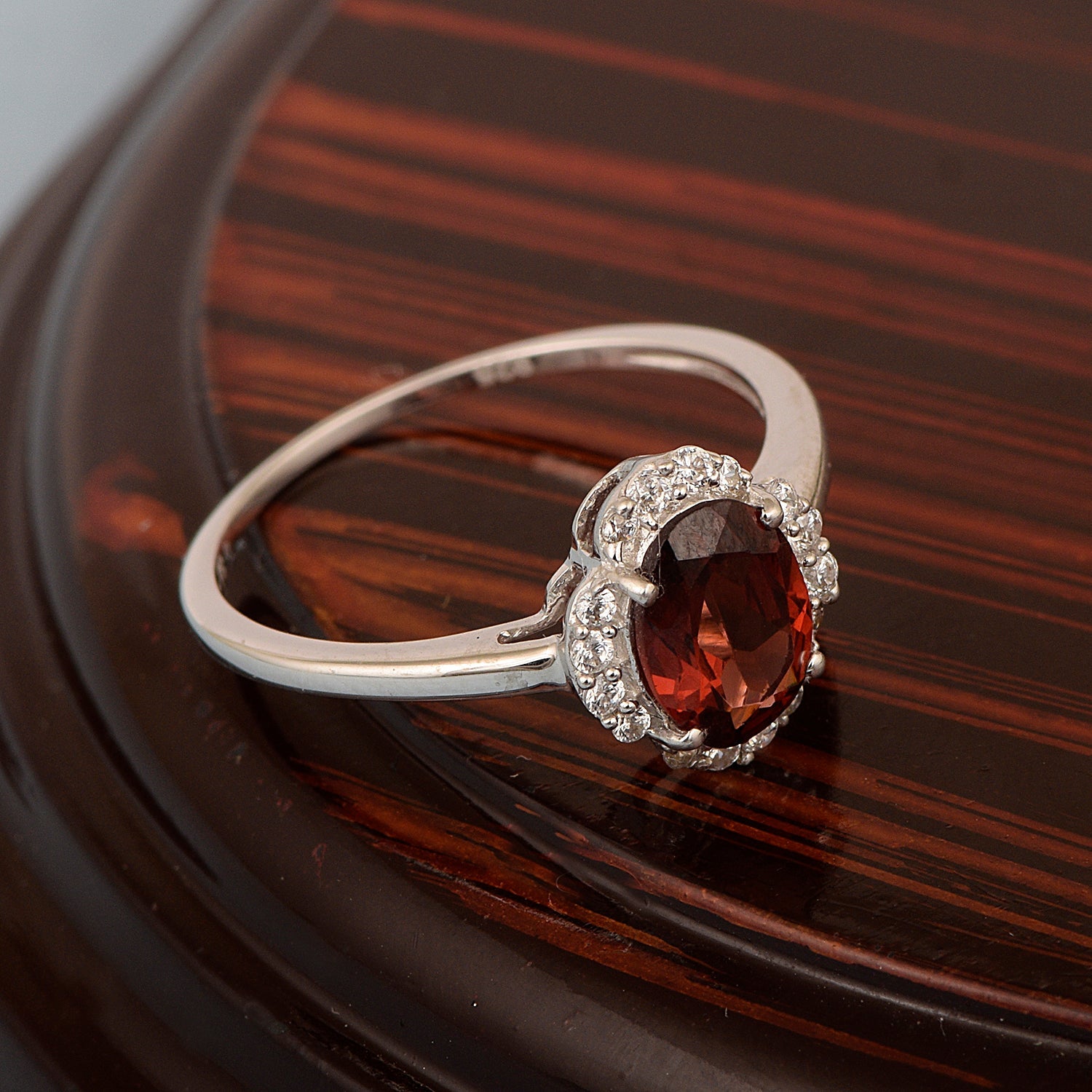 Garnet Oval Solitaire Halo Ring - Sterling Silver