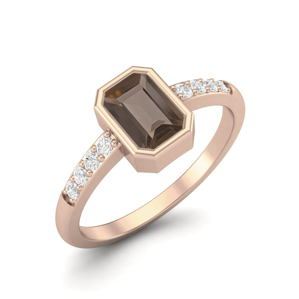 Smoky Quartz 0.50 Ct Octagon Solitaire Accent Ring – 14K Yellow Gold