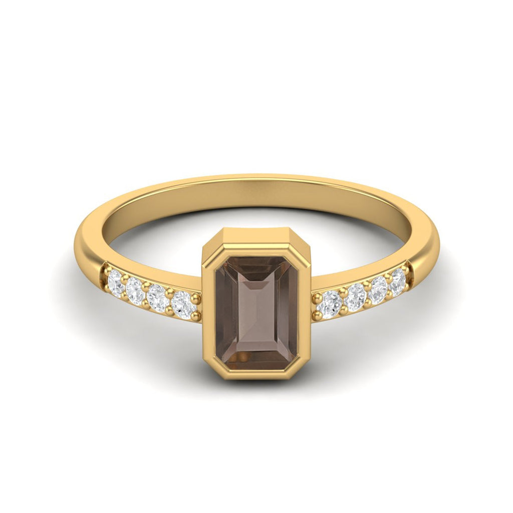 Smoky Quartz 0.50 Ct Octagon Solitaire Accent Ring – 14K Yellow Gold