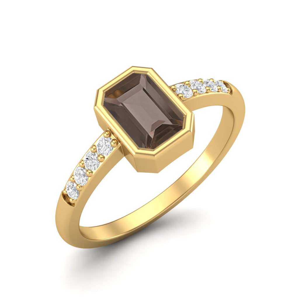 Smoky Quartz 0.50 Ct Octagon Solitaire Accent Ring – 14K Yellow Gold