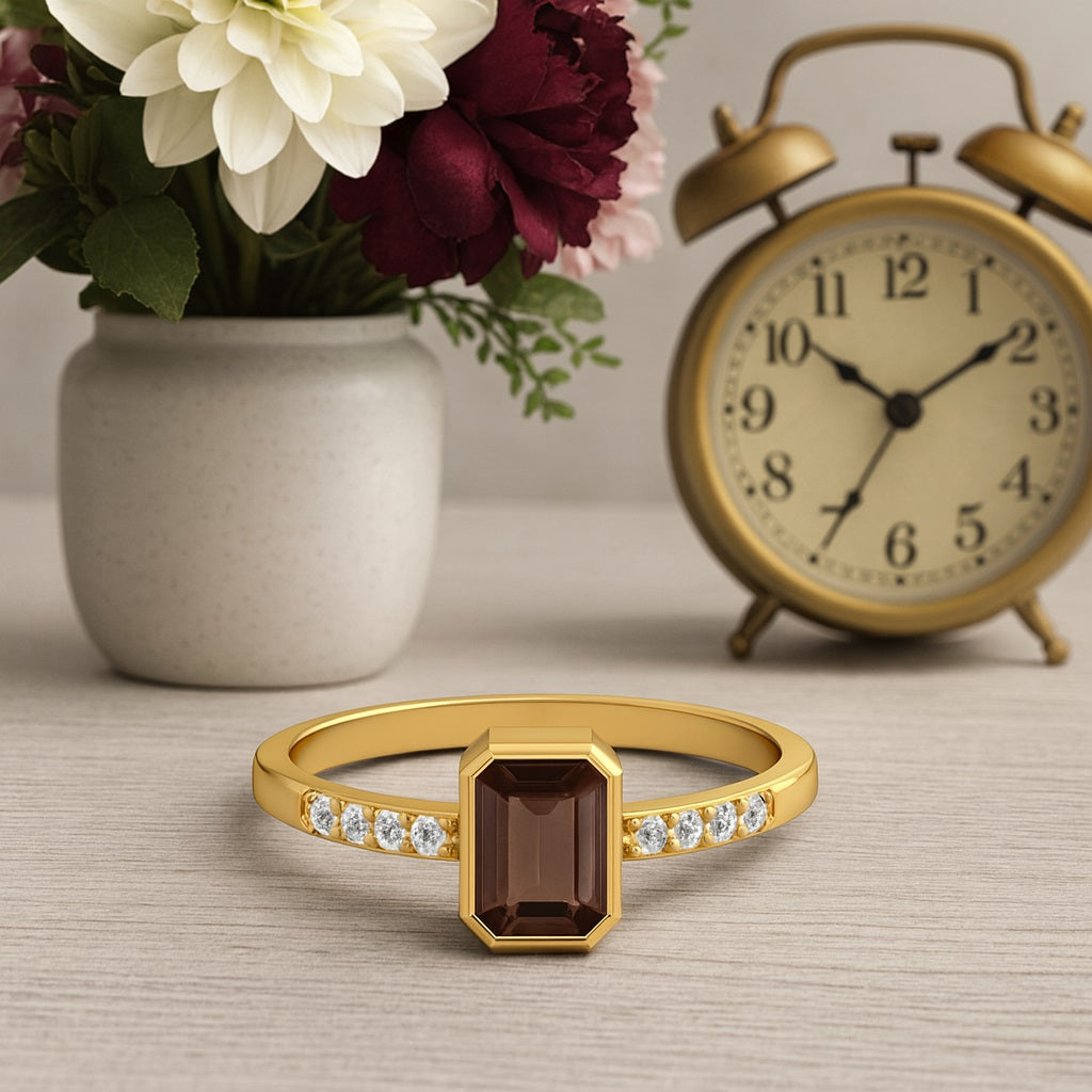 Smoky Quartz 0.50 Ct Octagon Solitaire Accent Ring – 14K Yellow Gold