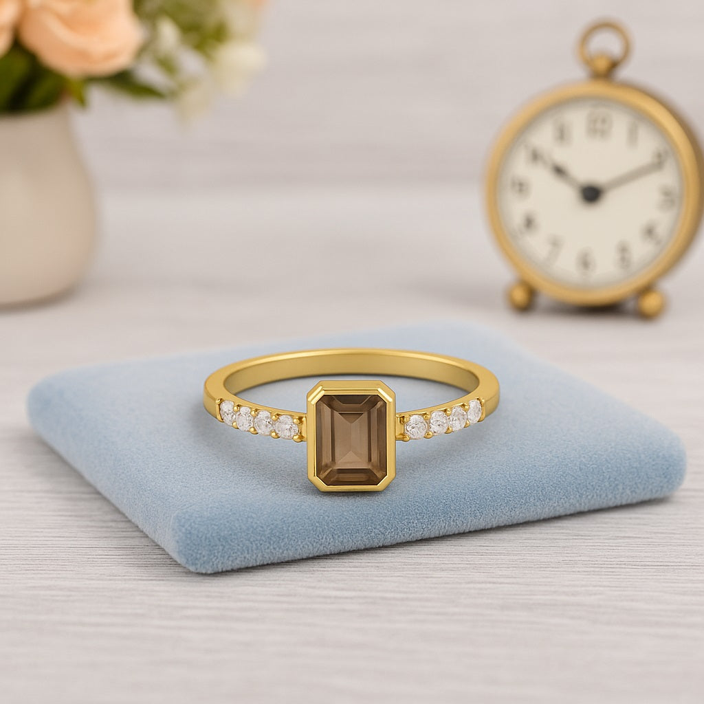 Smoky Quartz 0.50 Ct Octagon Solitaire Accent Ring – 14K Yellow Gold